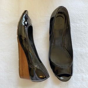 Cole Haan Air Tali Black Patent Peep Toe Wedges